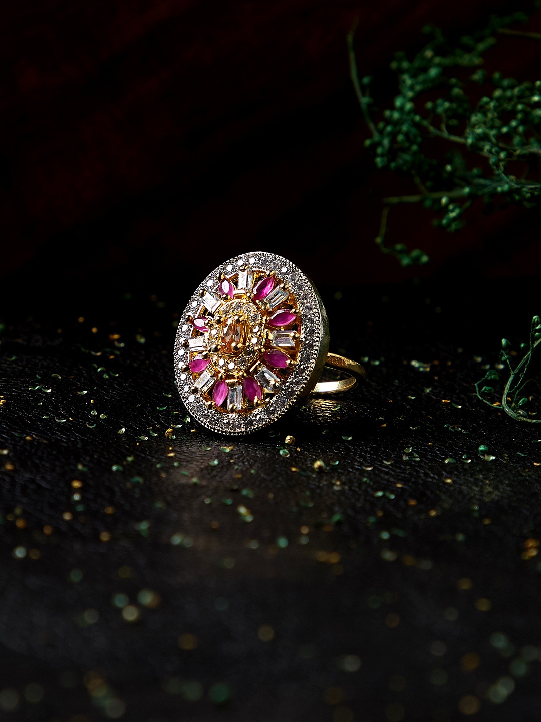 

PANASH Women Gold-Plated, Pink & White CZ Stone-Studded Finger Ring