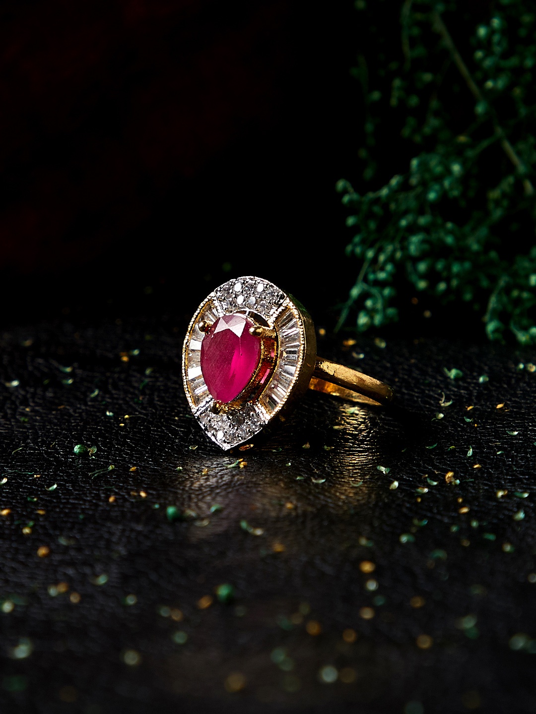 

PANASH Women Gold-Plated, Red & White CZ Stone-Studded Finger Ring
