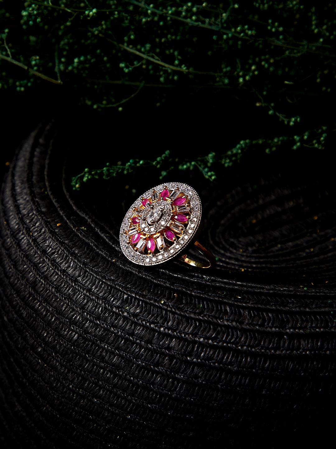 

PANASH Women Gold-Plated, Pink & White CZ Stone-Studded Finger Ring