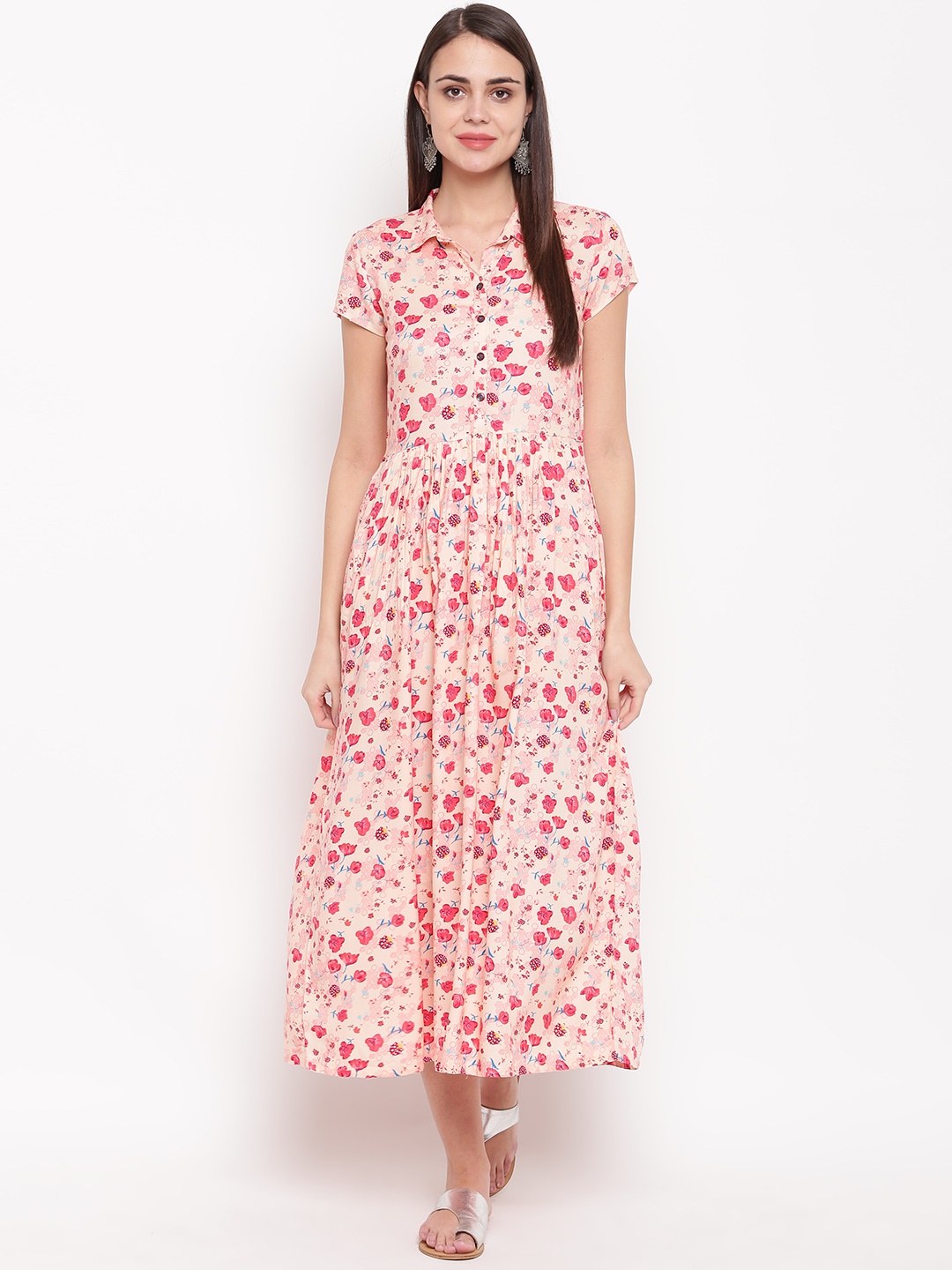 

Rangriti Women Peach-Coloured & Pink Printed Shirt Dress