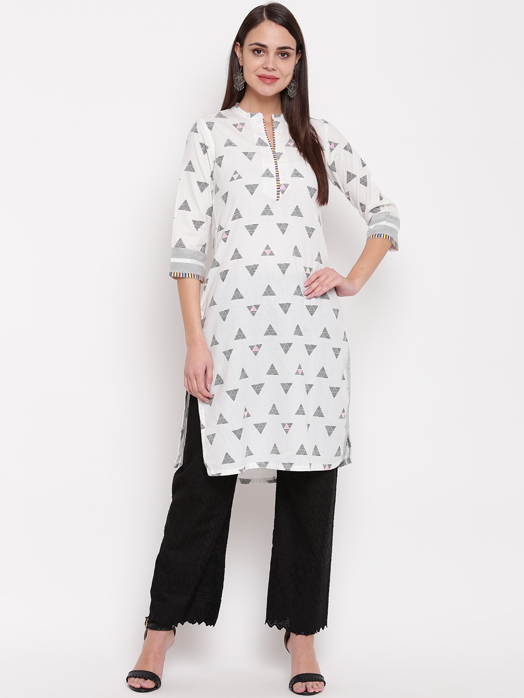 

Rangriti Women White & Black Printed Straight Kurta