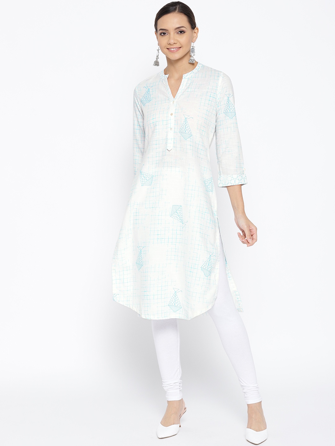 

Rangriti Women White & Blue Quirky Print Straight Kurta
