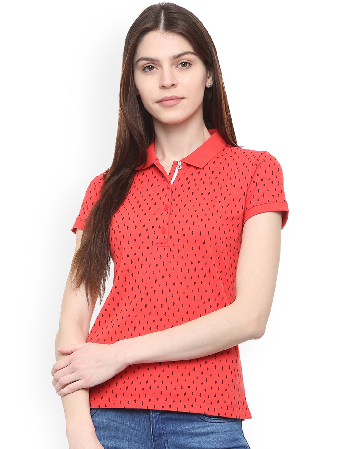 

Allen Solly Woman Coral Red Printed Shirt Style Pure Cotton Top