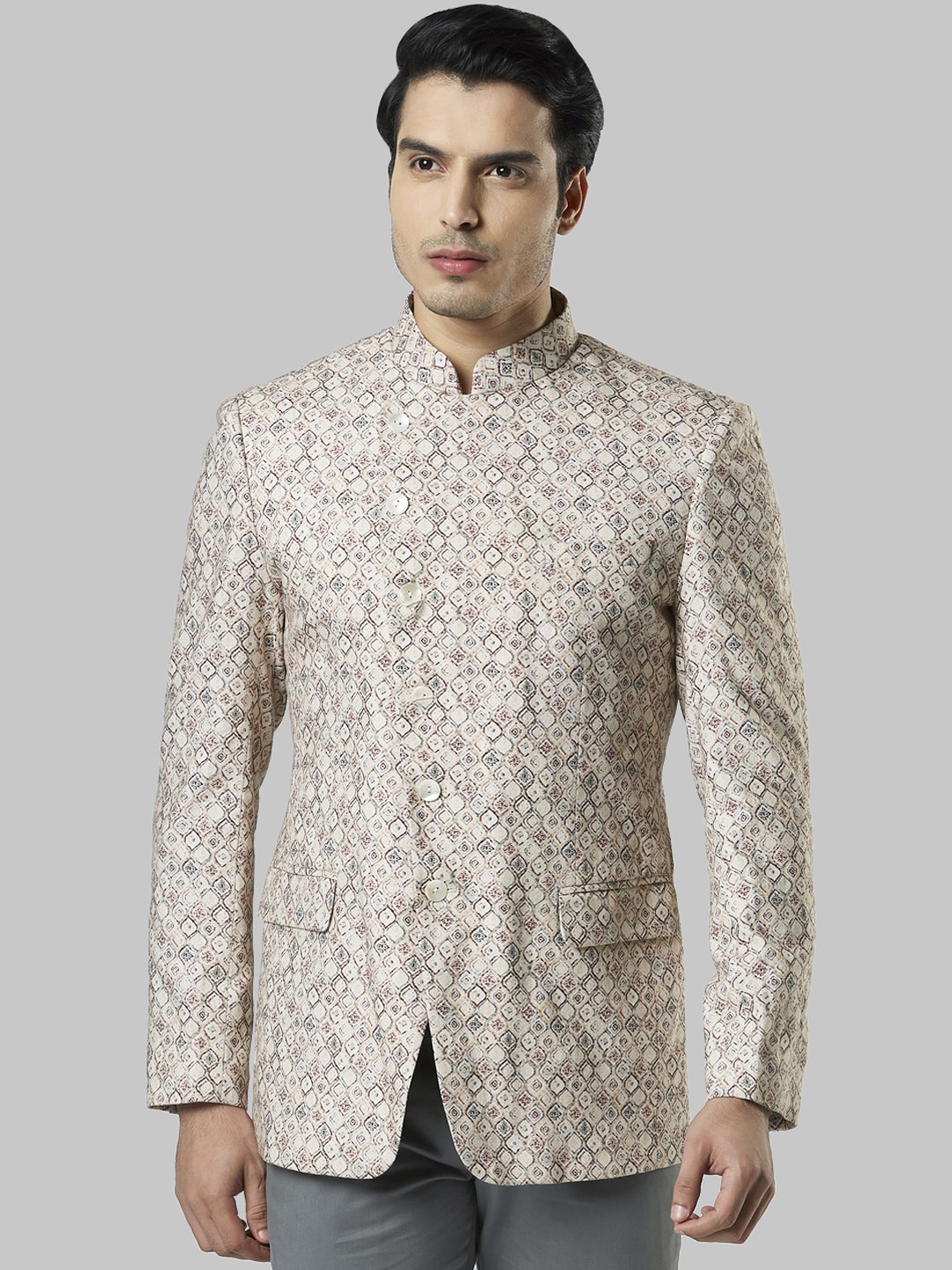 

Ethnix by Raymond Men Beige & Maroon Printed Pure Cotton Bandhgala Blazer