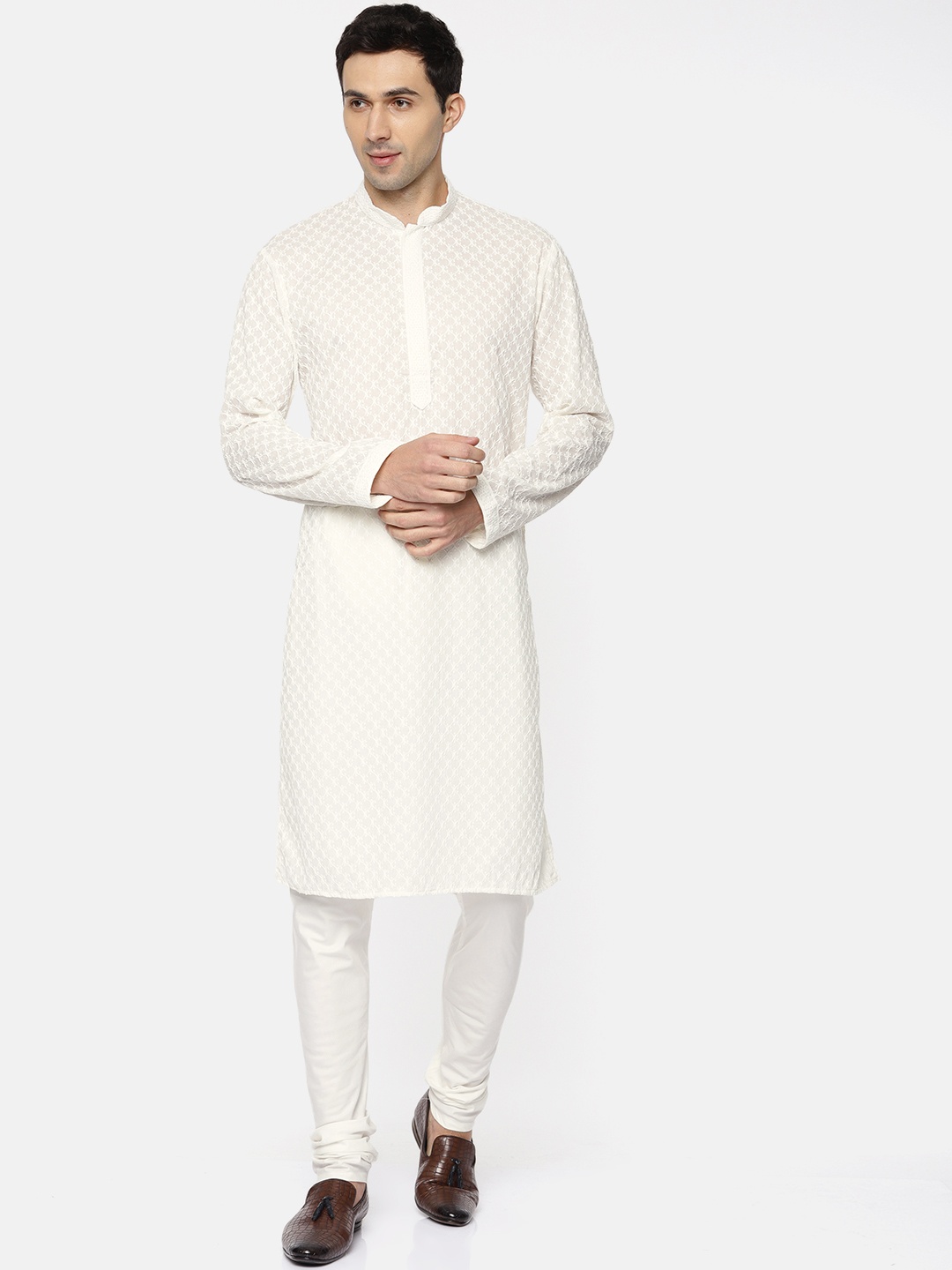 

Ethnix by Raymond Men White Self Design Kurta with Churidar