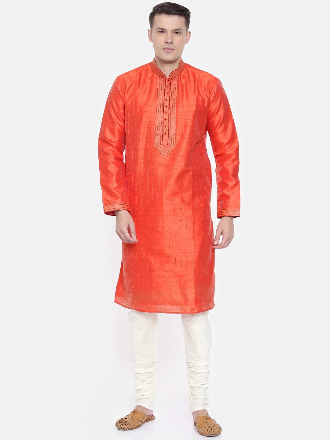 

Ethnix by Raymond Men Orange & White Embroidered Kurta with Churidar