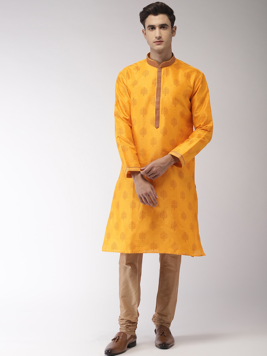 

Ethnix by Raymond Men Yellow & Brown Printed Kurta with Churidar