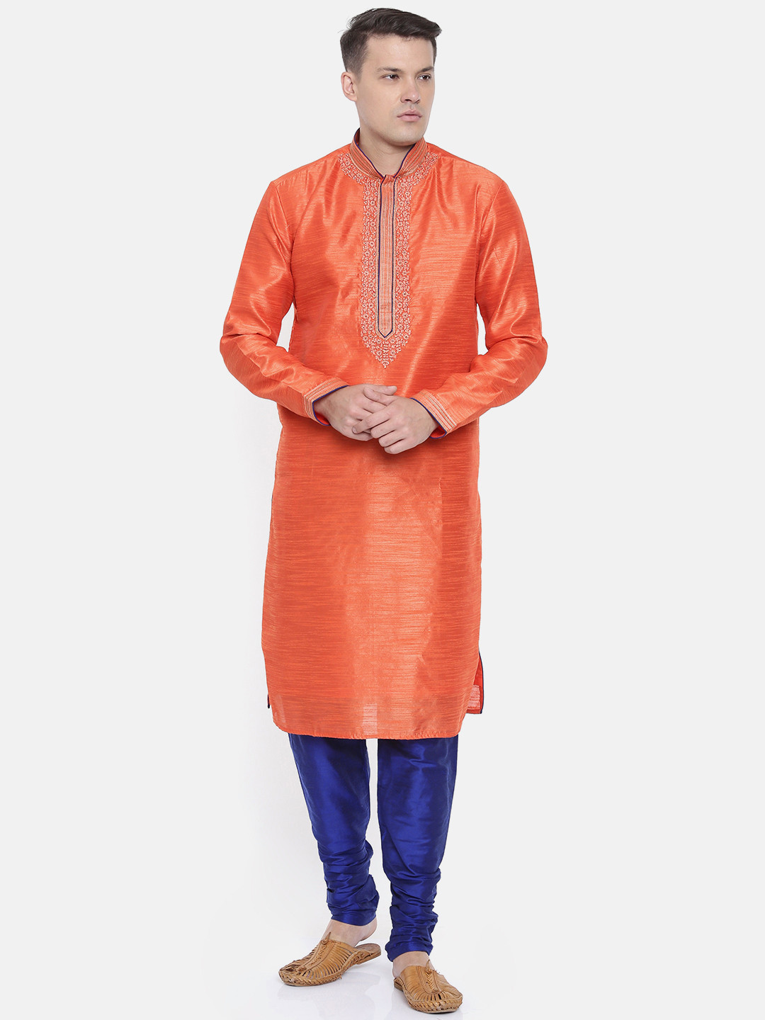 

Ethnix by Raymond Men Orange & Blue Embroidered Kurta with Churidar