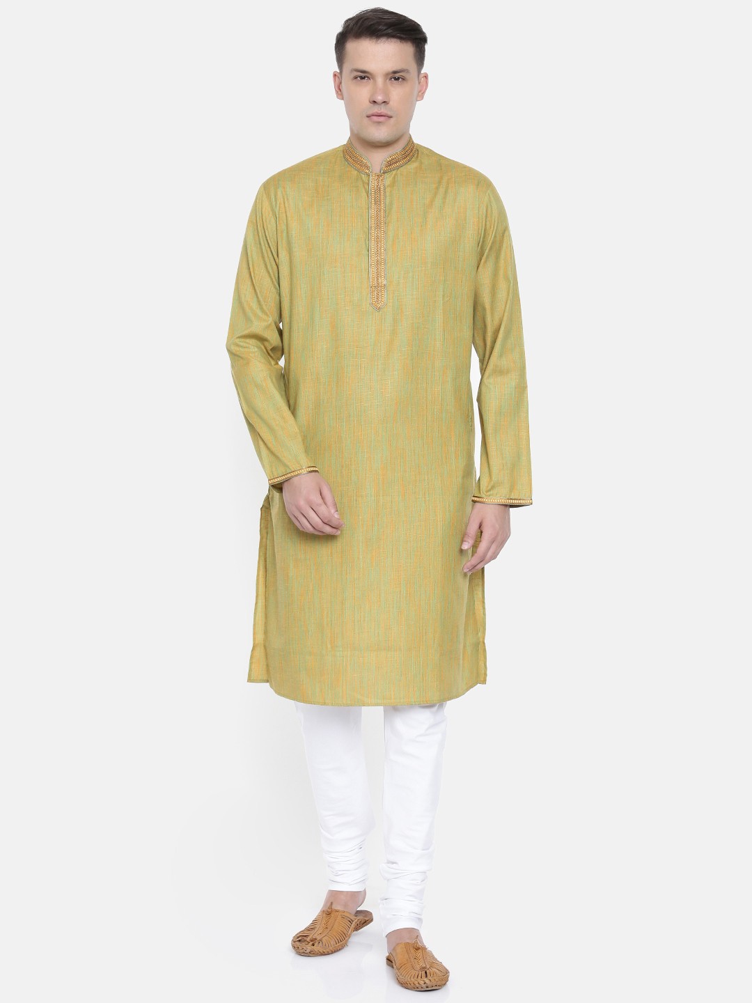 

Ethnix by Raymond Men Olive Green & White Self Design Kurta With Churidar