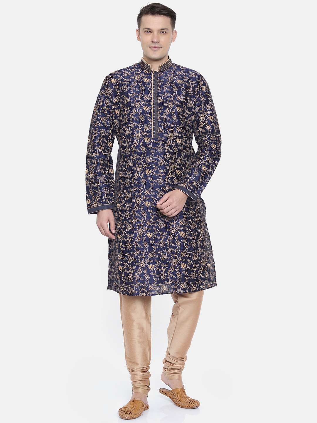 

Ethnix by Raymond Men Navy Blue & Gold-Coloured Printed Kurta With Churidar