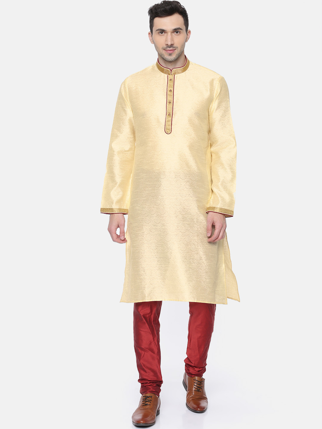 

Ethnix by Raymond Men Cream & Maroon Self Design Kurta with Churidar