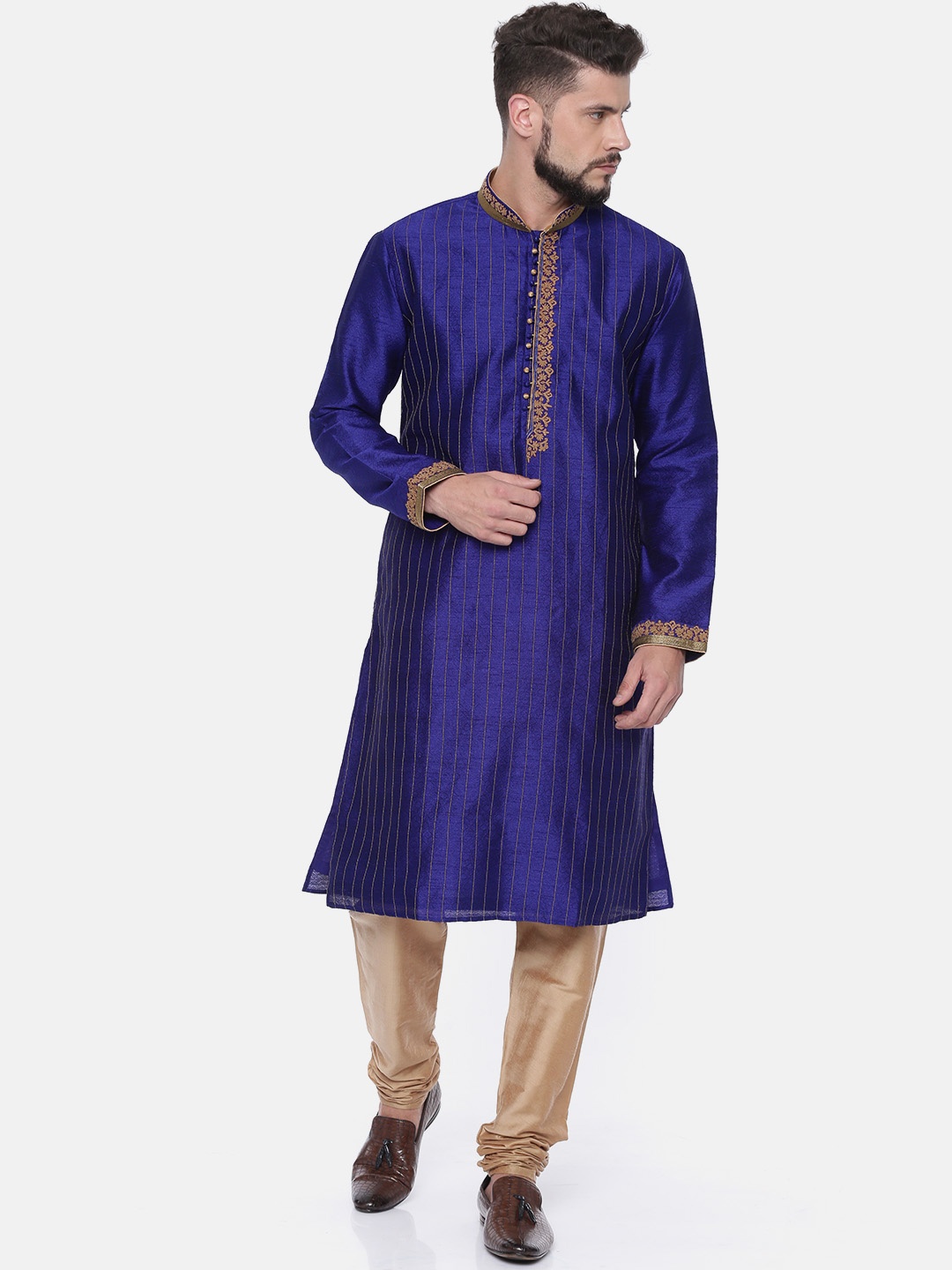 

Ethnix by Raymond Men Navy Blue & Beige Embroidered Kurta with Churidar