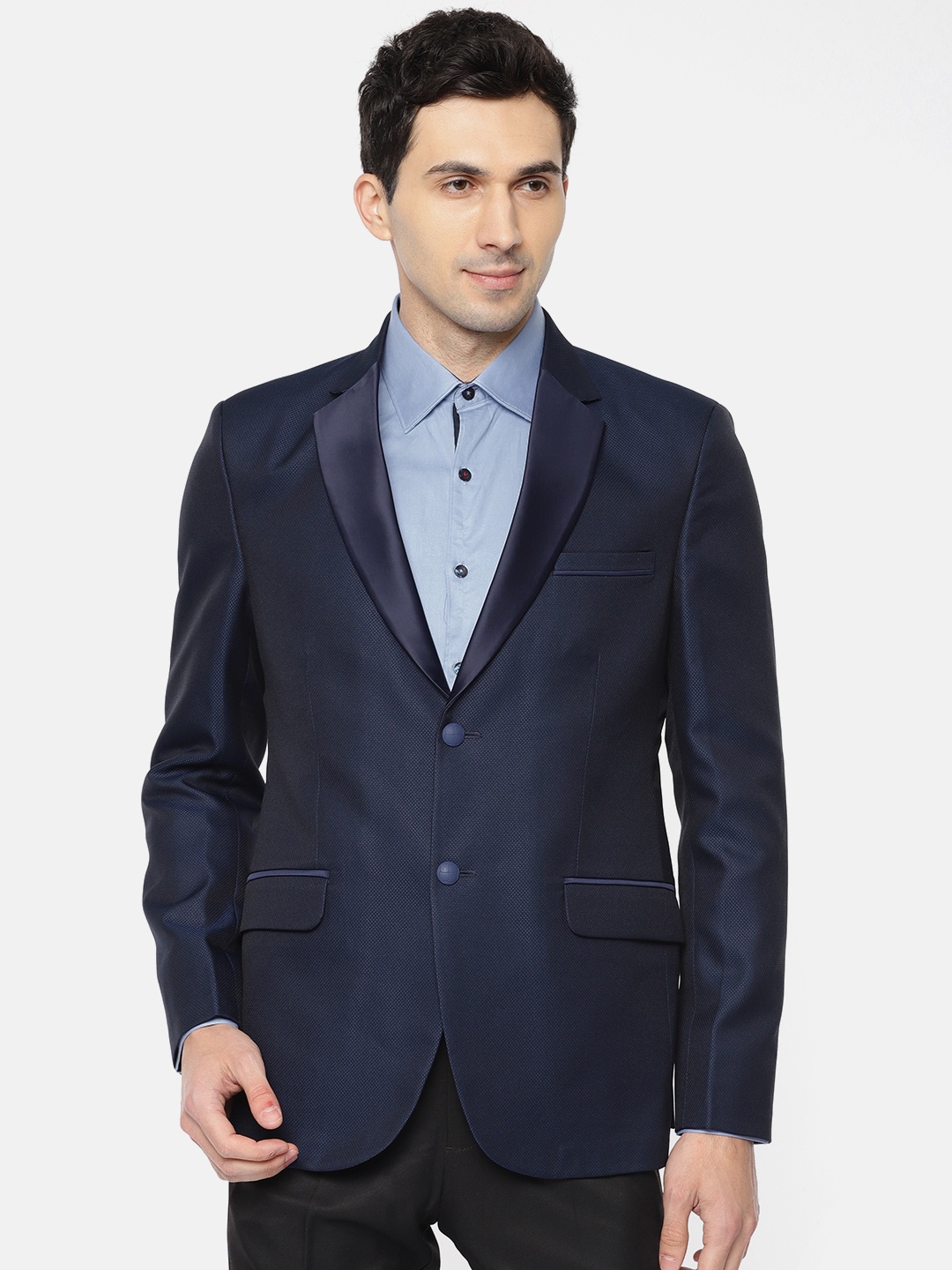 

Ethnix by Raymond Men Navy Blue Tailored Fit Self Design Tuxedo Blazer