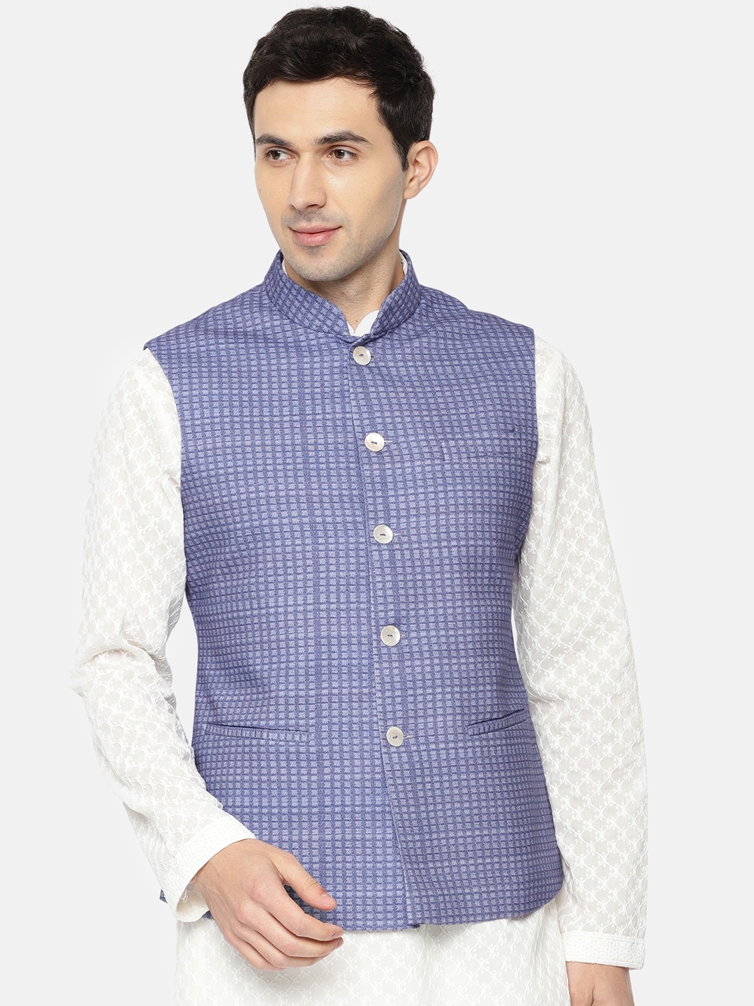 

Ethnix by Raymond Men Blue and White Checked Pure Cotton Nehru Jacket