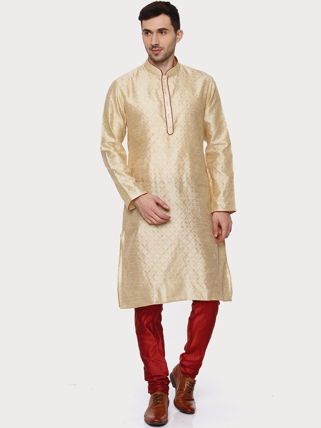 

Ethnix by Raymond Men Beige & Maroon Self Design Kurta with Churidar