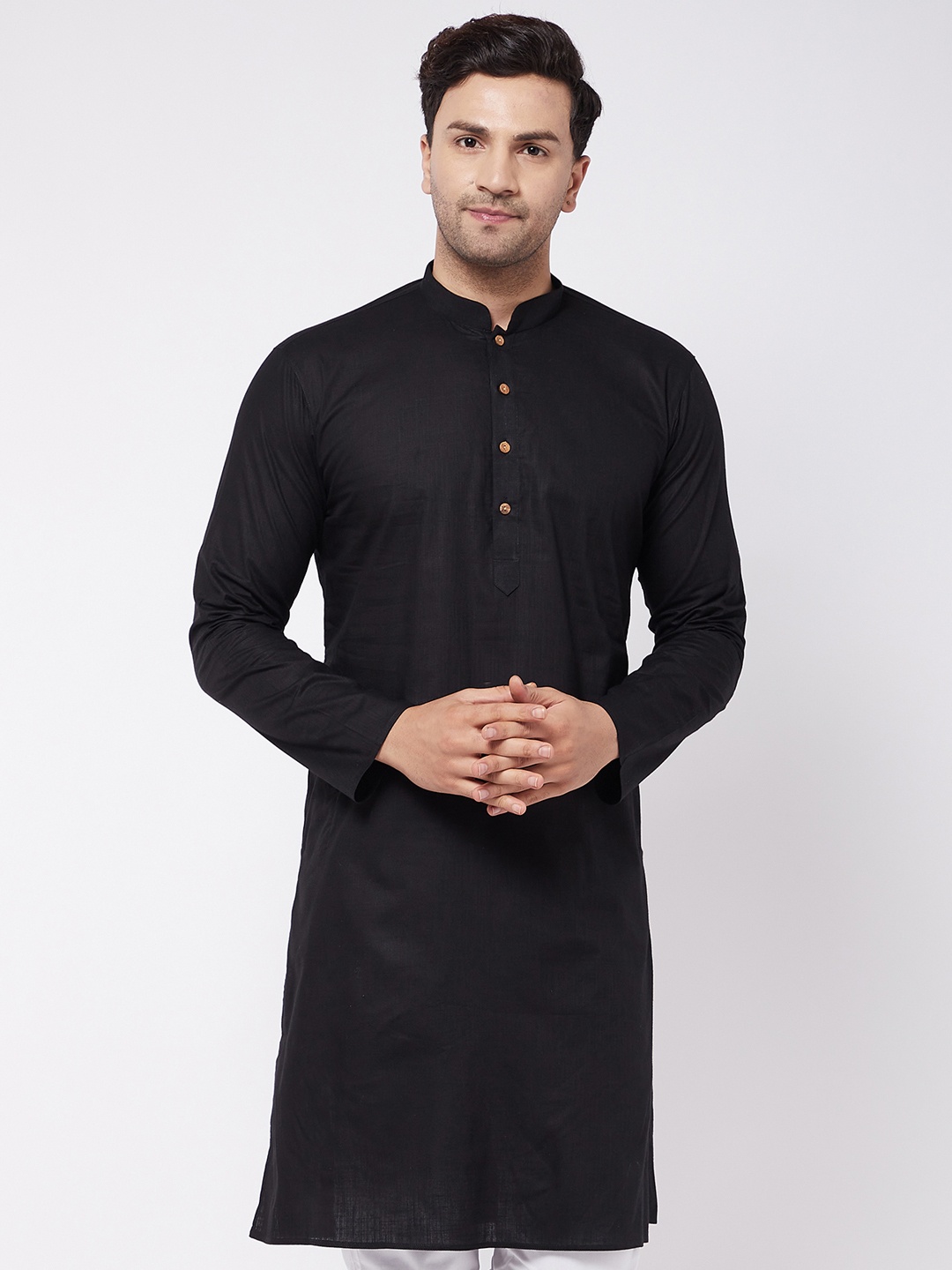 

VASTRAMAY Men Black Solid Linen Straight Kurta