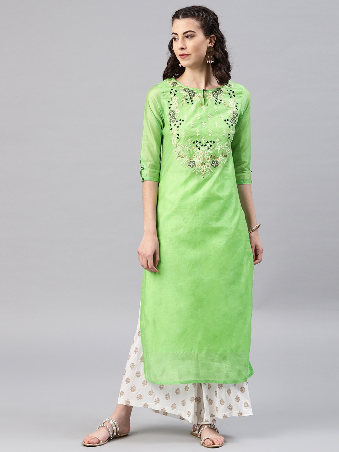 

Alena Women Green Yoke Design Straight Kurta