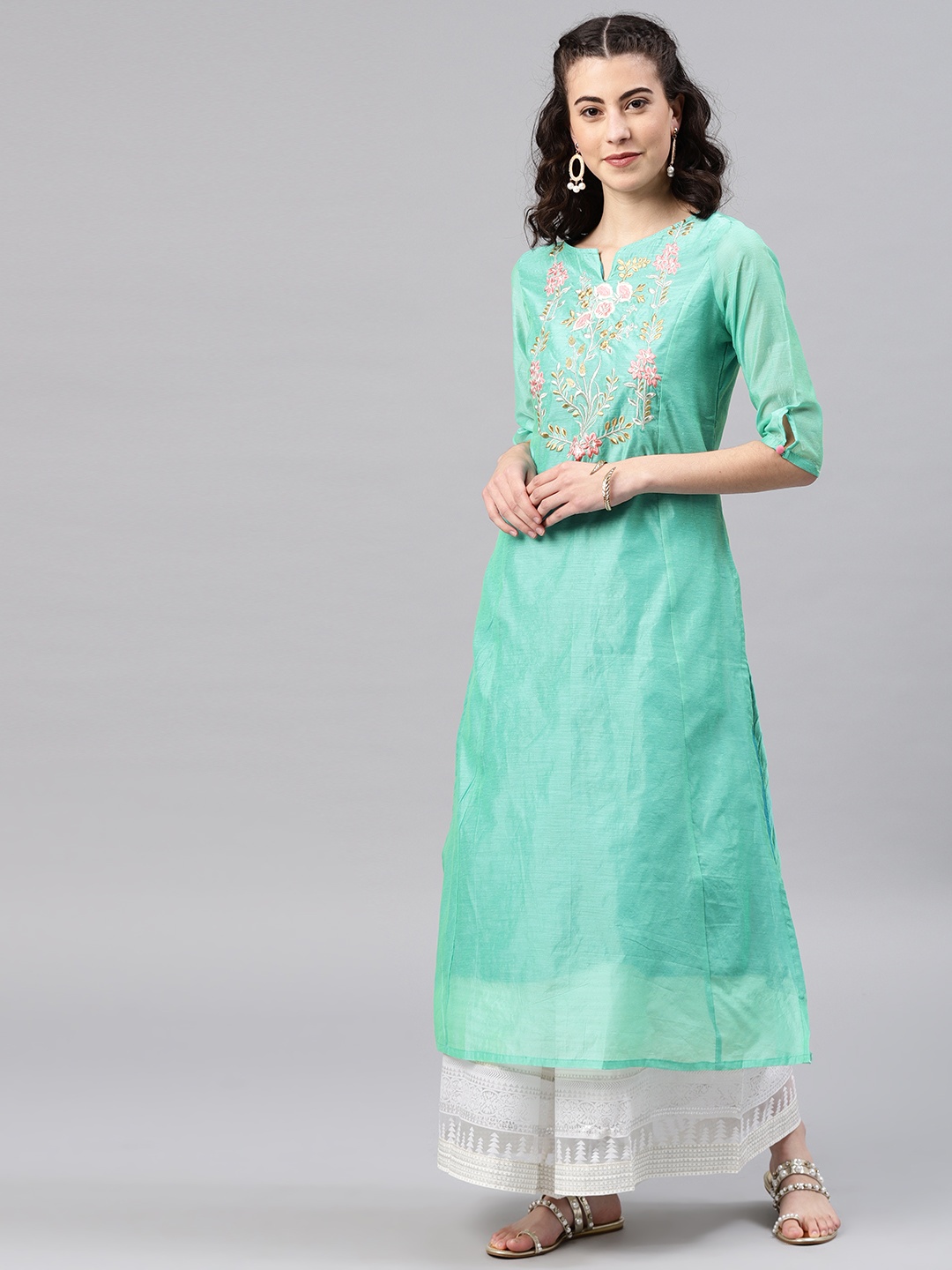 

Alena Women Sea Green Yoke Design Straight Kurta