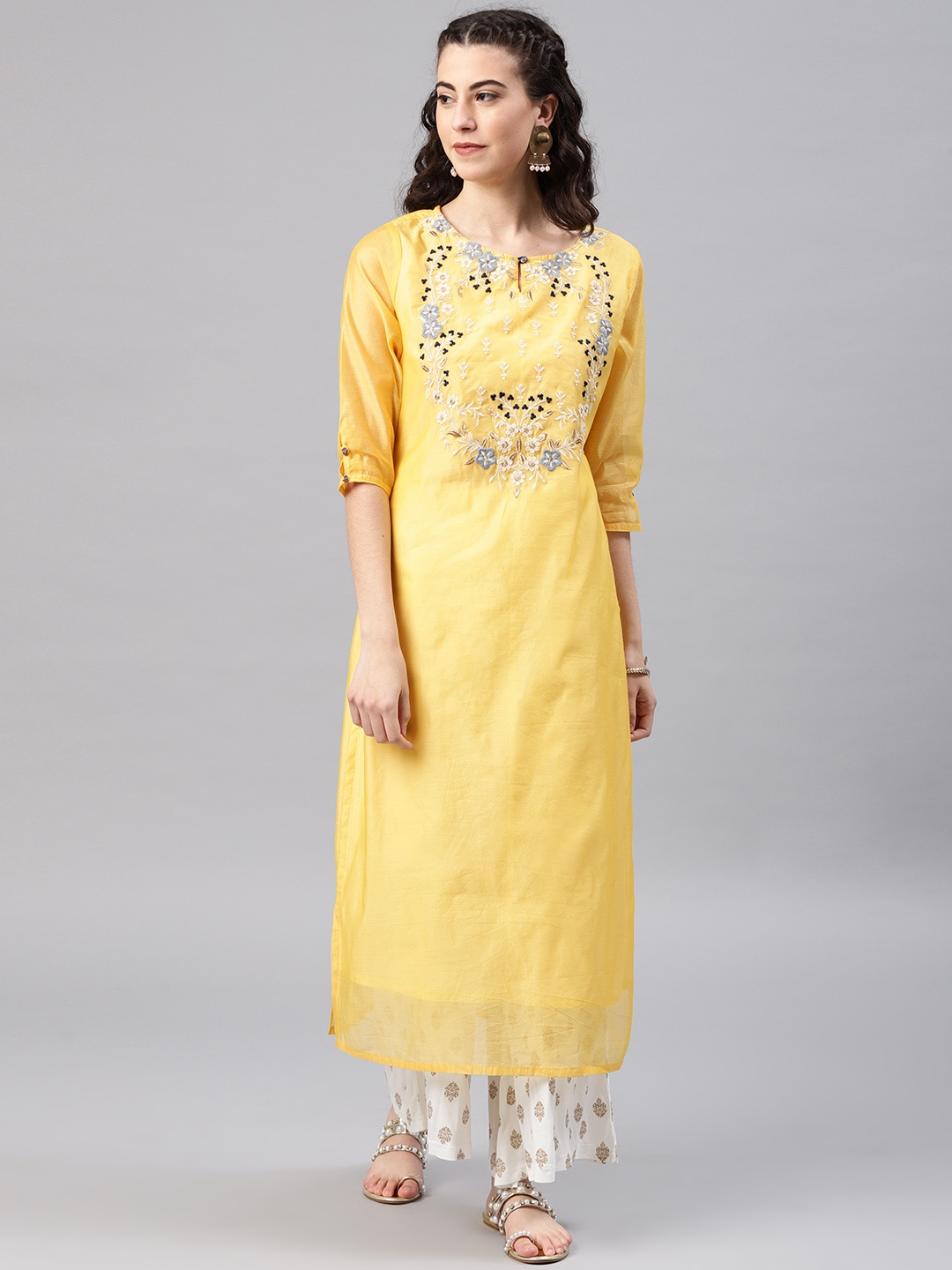 

Alena Women Yellow Floral Embroidered Straight Kurta