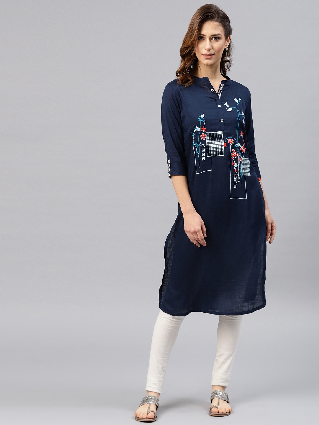 

Alena Women Navy Blue Embroidered A-Line Kurta