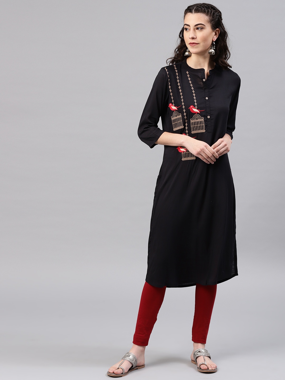 

Alena Women Black Quirky Embroidered Straight Kurta