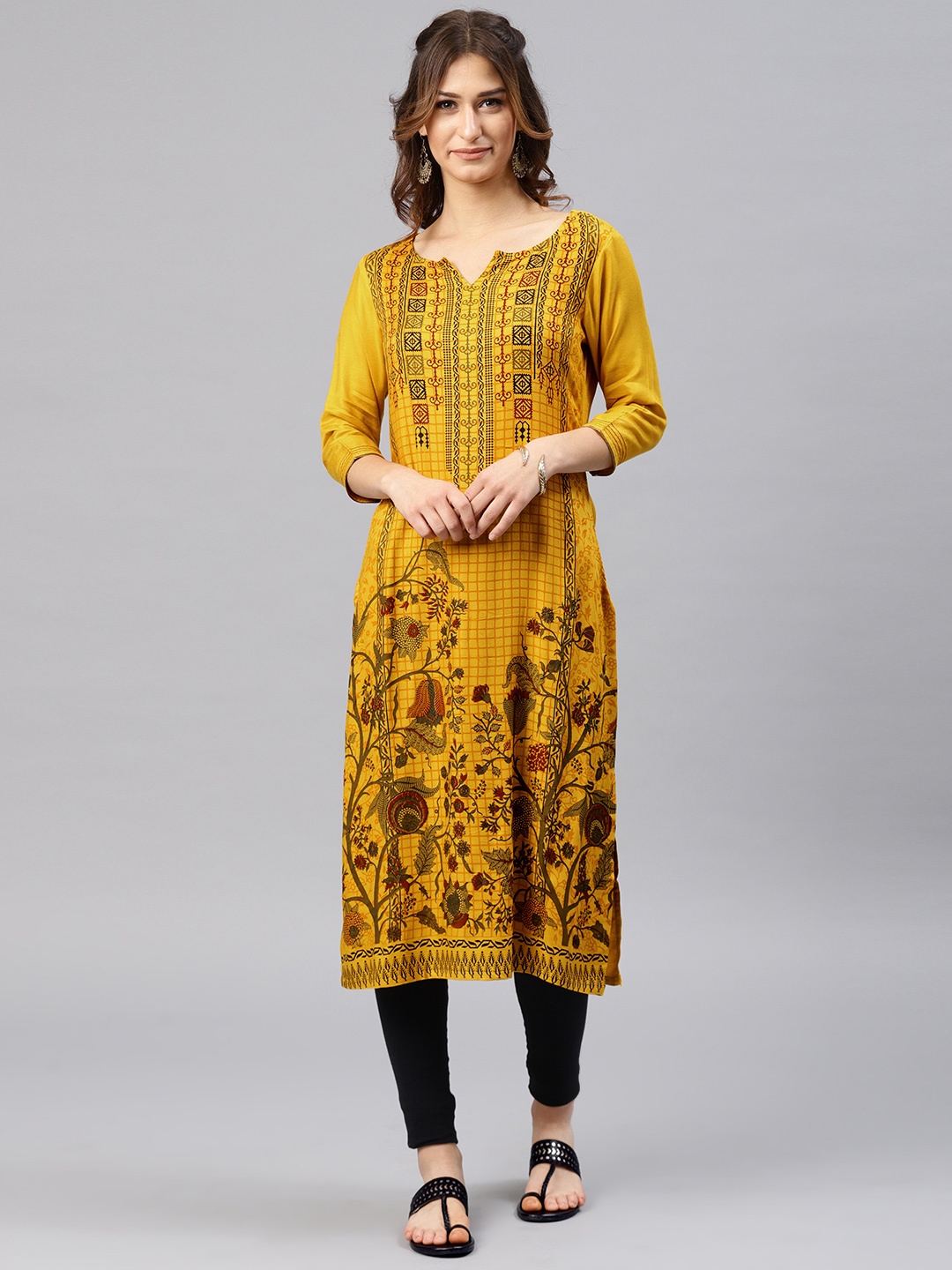 

Alena Women Mustard Yellow Printed Straight Kurta