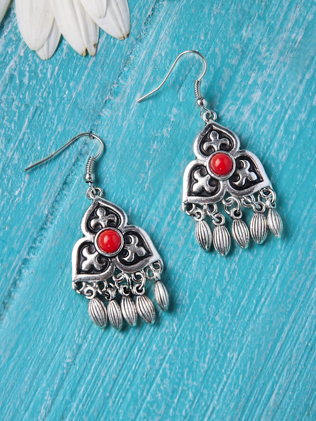 

Rubans Silver-Toned & Red Handcrafted Classic Drop Earrings