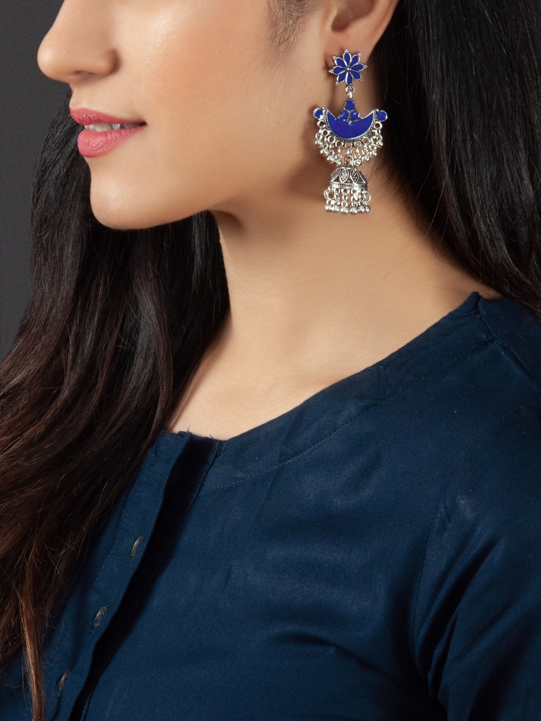 

Rubans Silver-Toned & Blue Handcrafted Dome Shaped Jhumkas