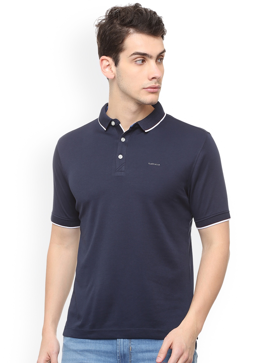 

Van Heusen Men Navy Blue Solid Polo Collar Pure Cotton T-shirt