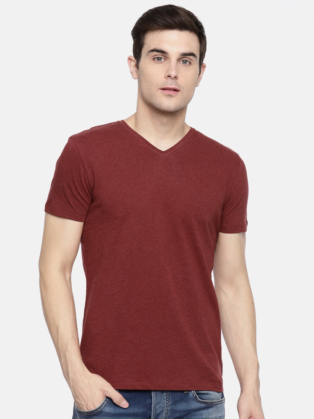 

Jack Jones Men Rust Red Solid V-Neck Pure Cotton T-shirt