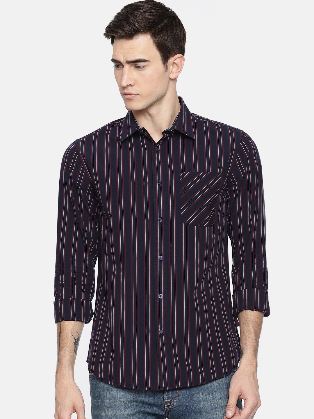 

Jack & Jones Men Navy Blue & Burgundy Slim Fit Striped Casual Shirt