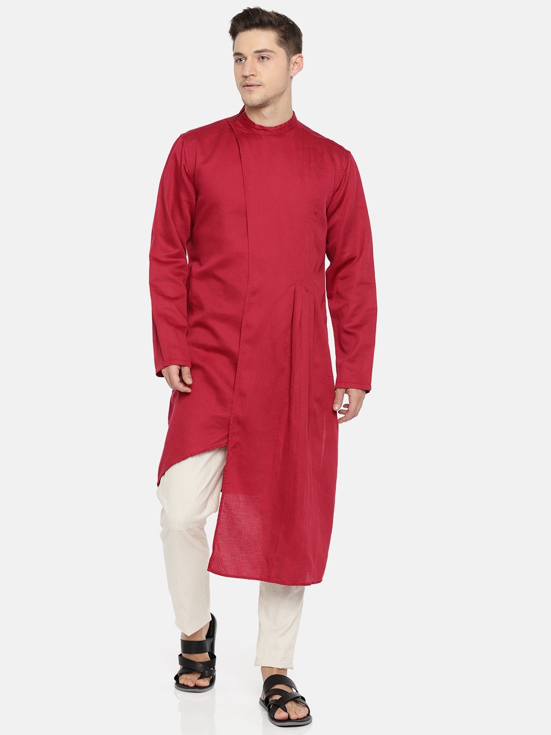 

Freehand Men Red Solid Straight Kurta