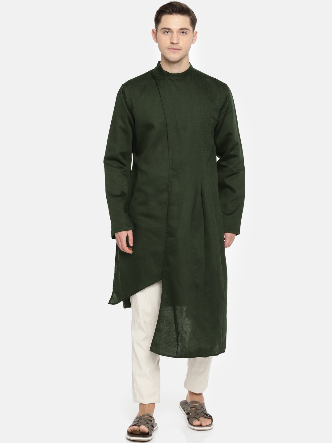 

Freehand Men Olive Green Solid Straight Kurta