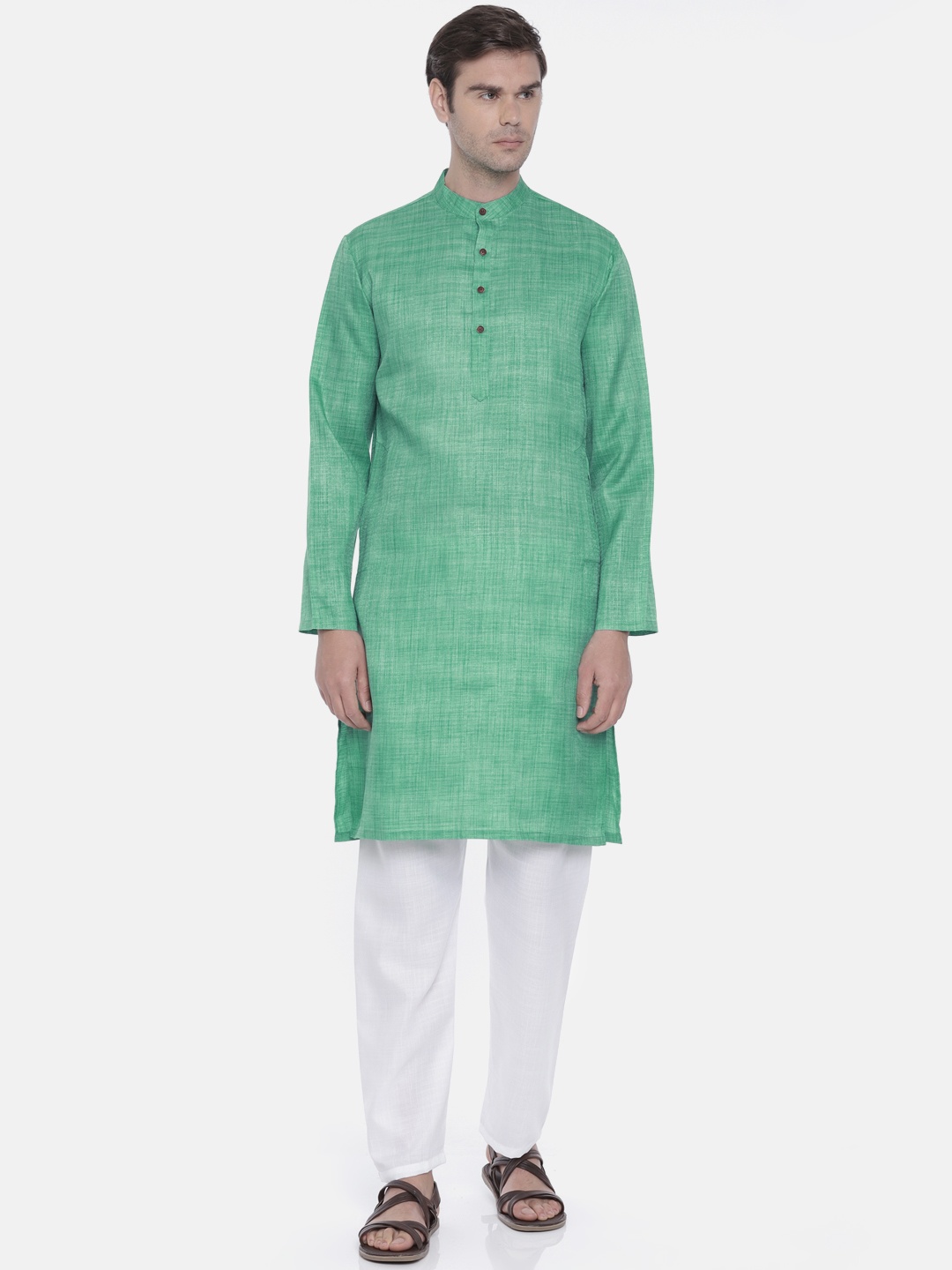 

Freehand Men Green & White Solid Kurta with Pyjamas