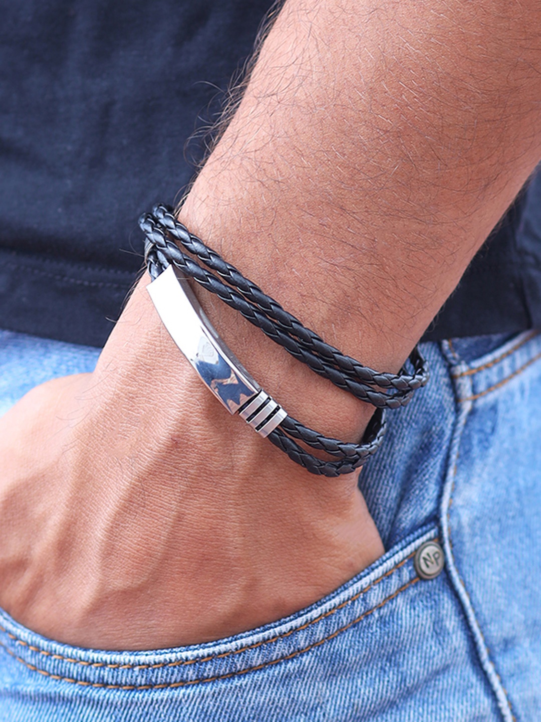 

UNKNOWN by Ayesha Men Black Leather Braided Wraparound Bracelet