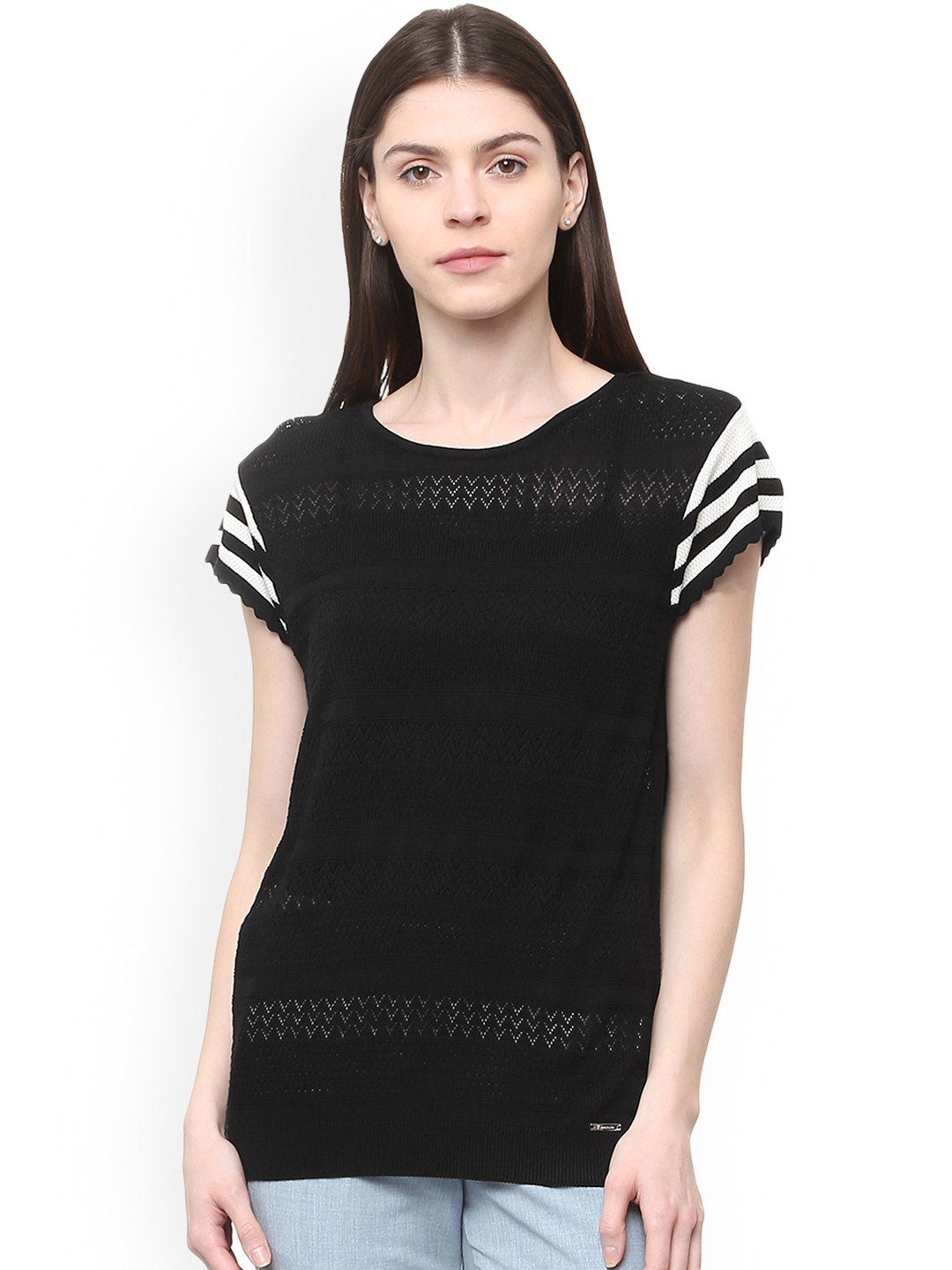 

Van Heusen Woman Black Self Design Pure Cotton Top