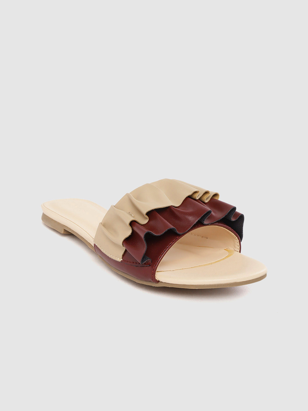 

Allen Solly Women Beige & Burgundy Colourblocked Open Toe Flats with Ruffled Detail
