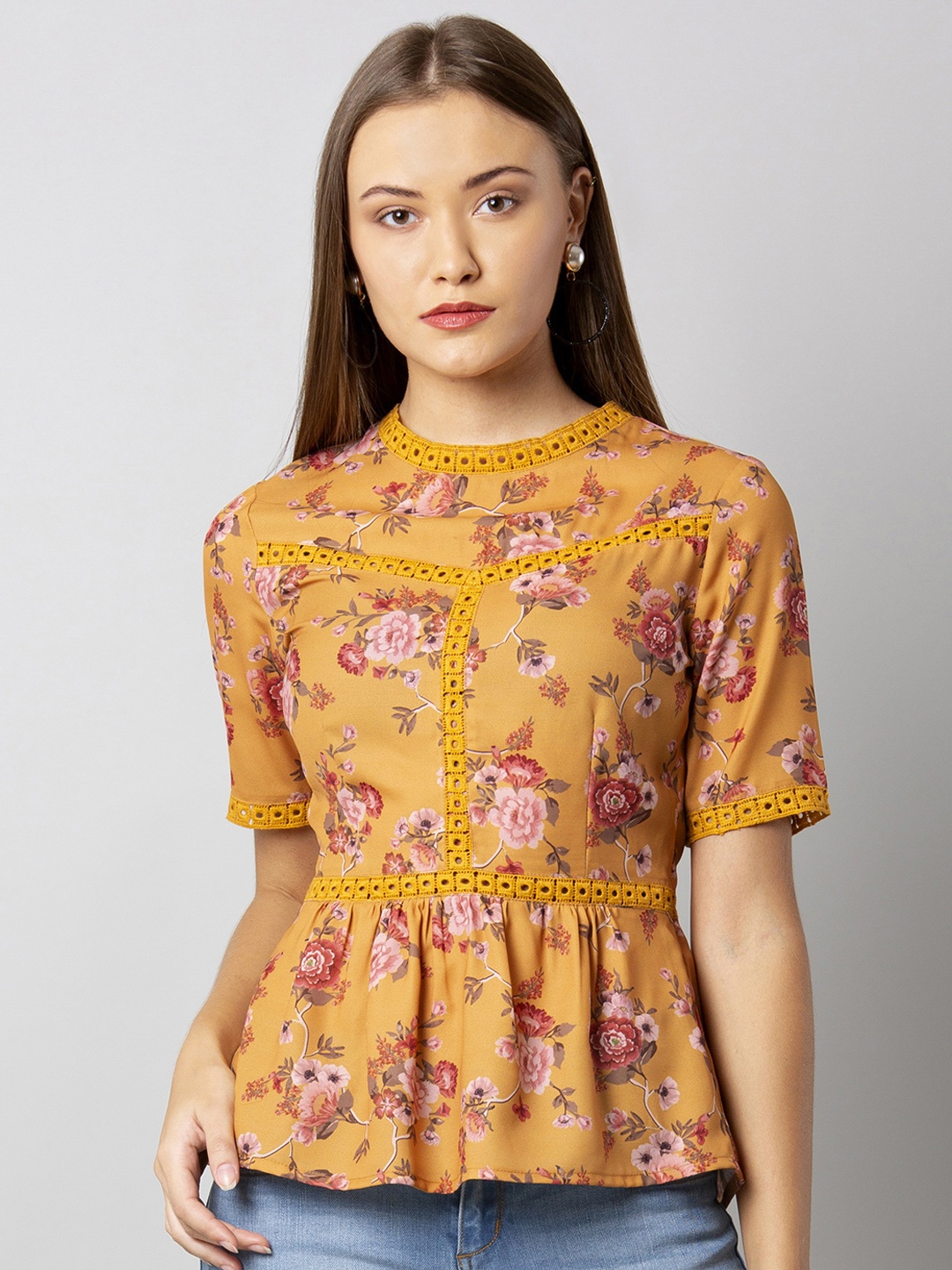 

FabAlley Women Yellow Printed Peplum Top