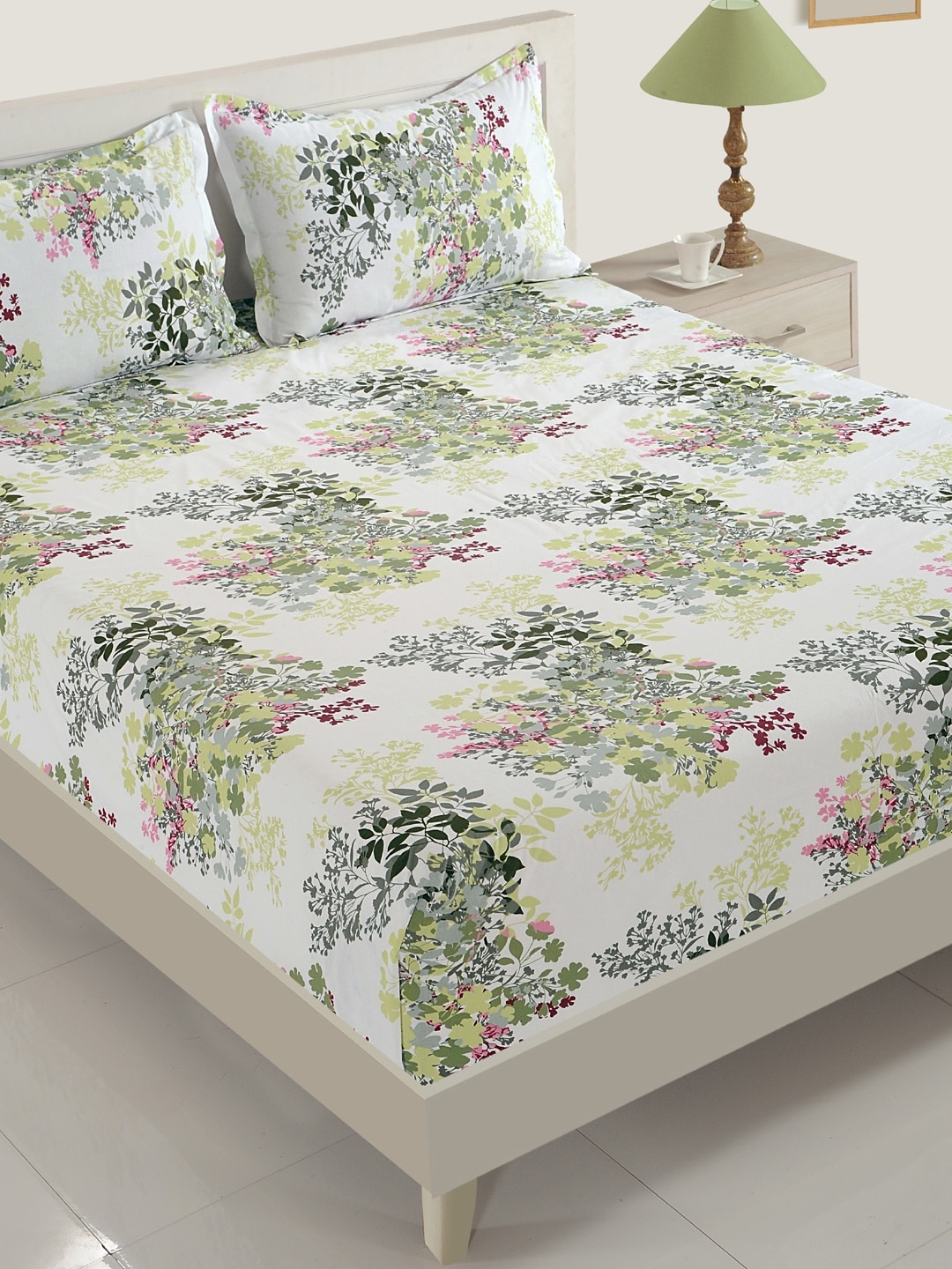 

SWAYAM White & Green Floral Flat 160 TC Cotton 1 King Bedsheet with 2 Pillow Covers