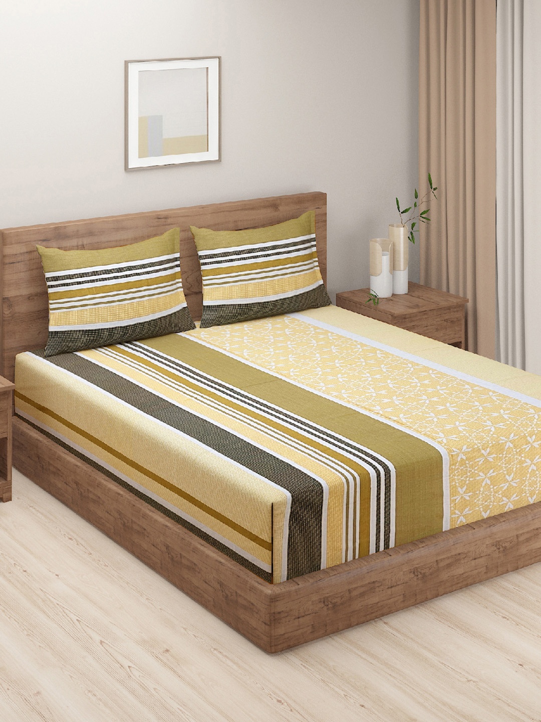 

Swayam Midas Monalisa Olive & Mustard 120TC Double Bedsheet Set with 2 Pillow Covers