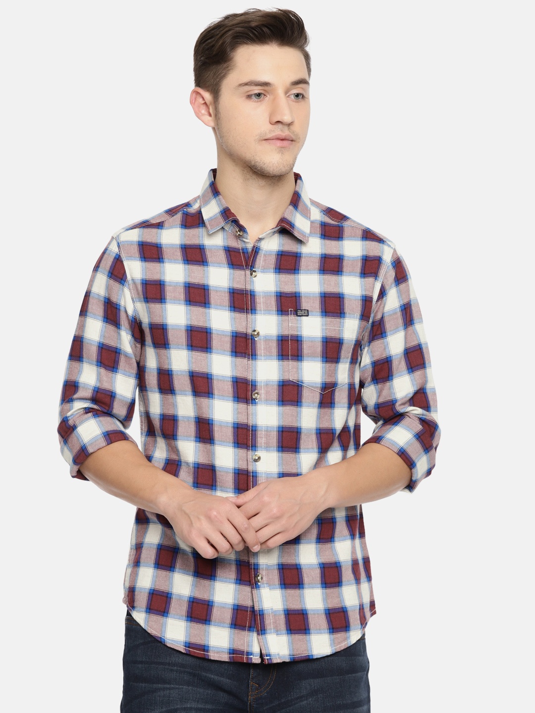 

The Indian Garage Co Men Cream-Coloured & Maroon Slim Fit Checked Casual Shirt