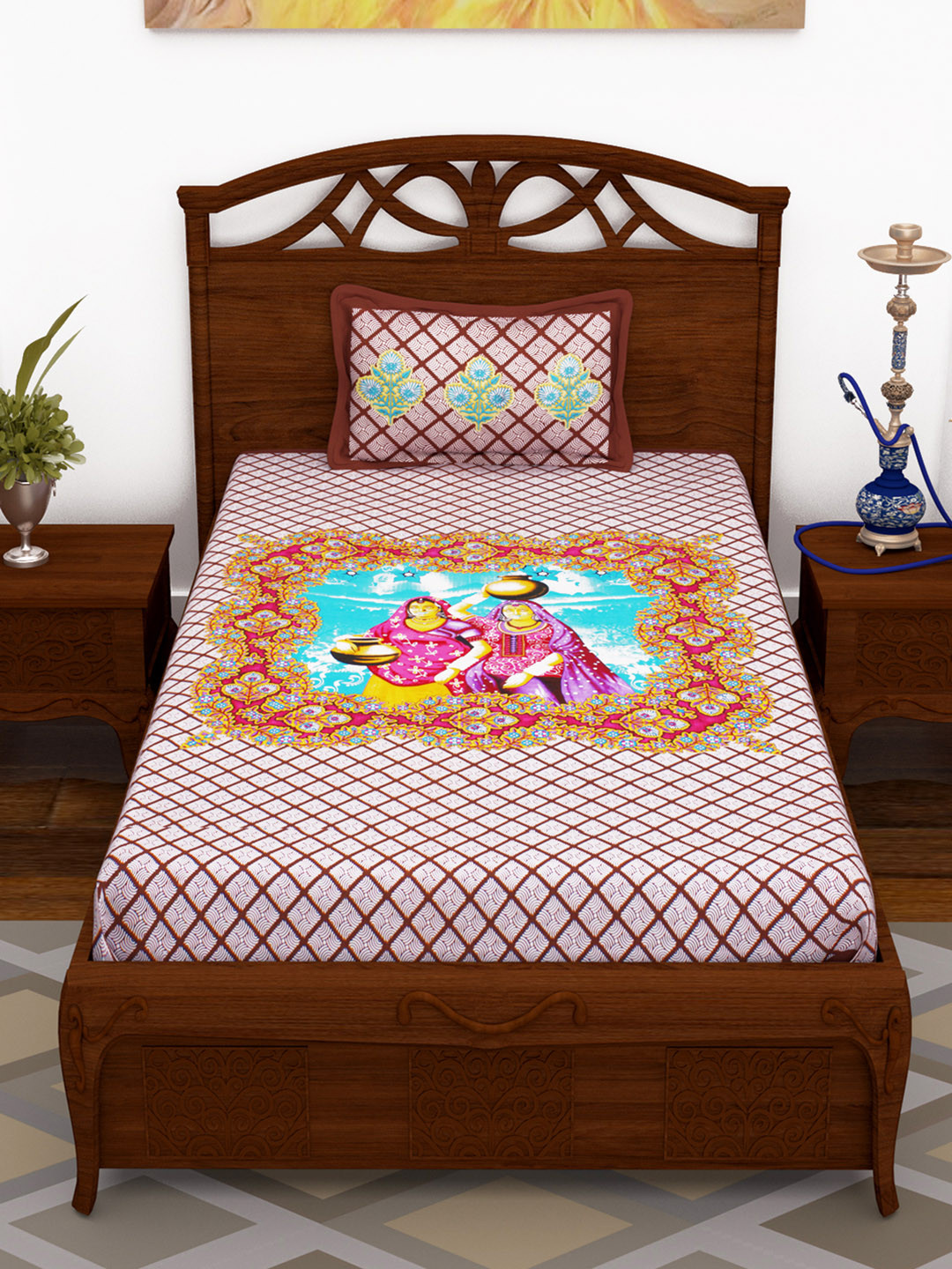 

Story@home Brown Ethnic Motifs Fitted and Flat 120 TC Cotton 1 Single Bedsheet with 1 Pillow Covers
