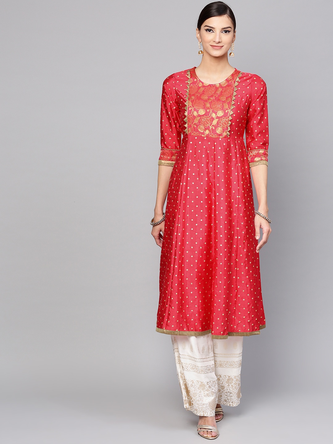 

Pannkh Women Red & Golden Printed A-Line Kurta