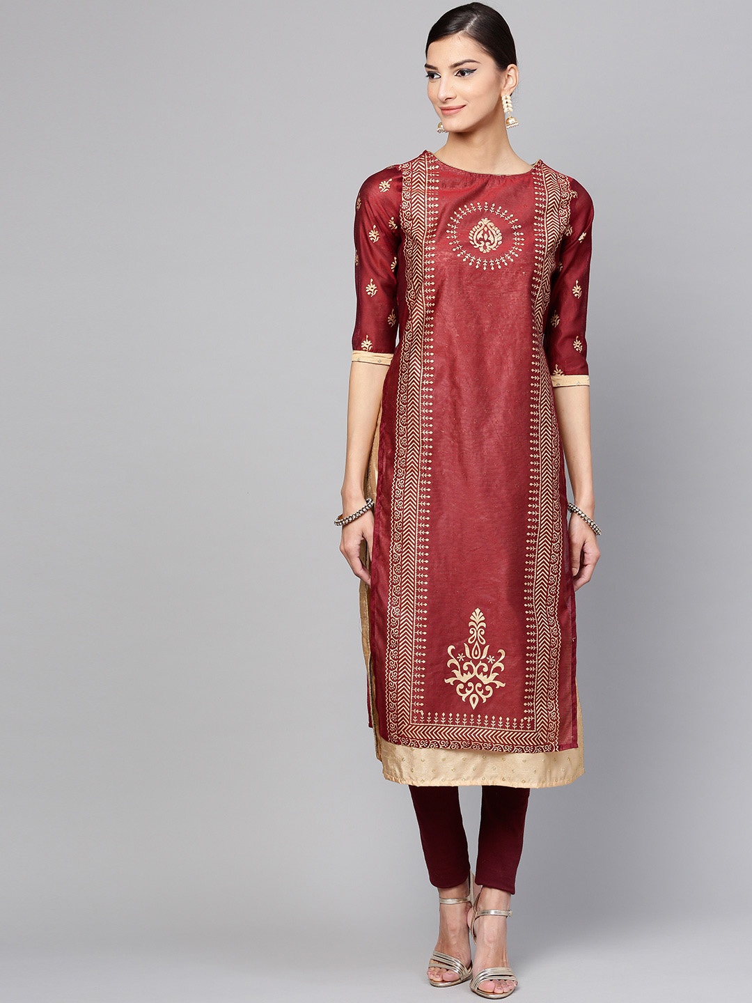 

Pannkh Women Maroon & Golden Printed Straight Kurta