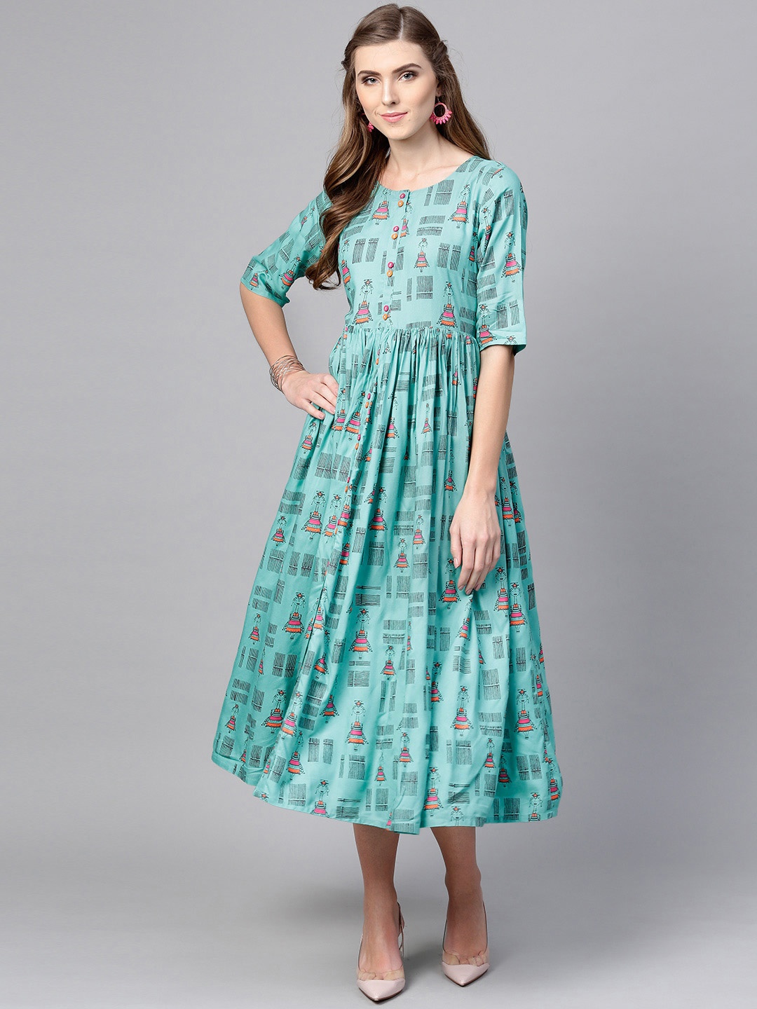 

Varanga Women Turquoise Blue Quirky Printed A-line Dress