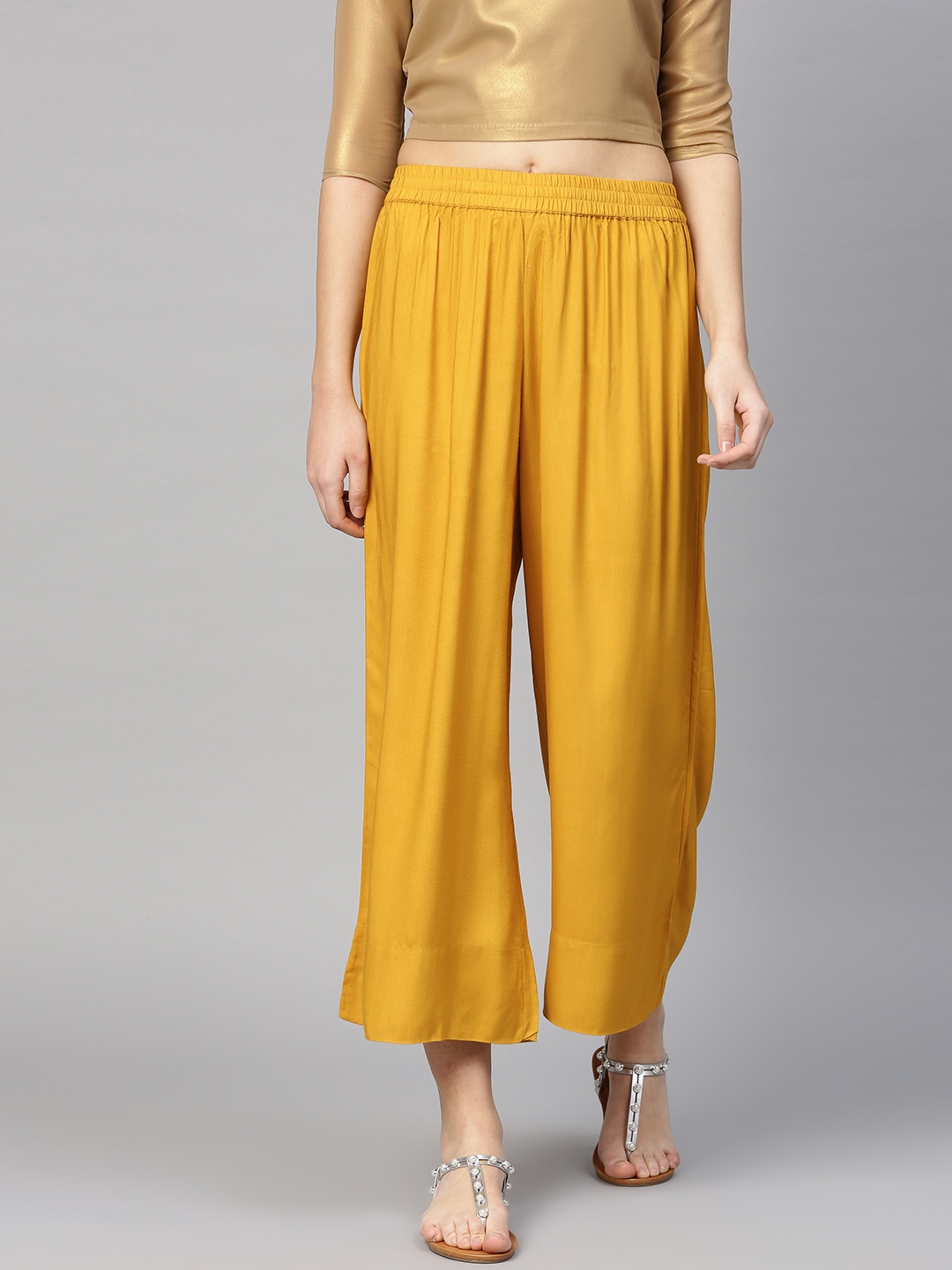 

Varanga Women Mustard Yellow Solid Wide-Leg Palazzo