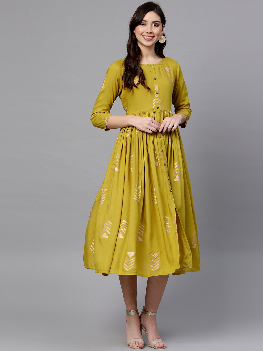 

Varanga Women Lime Green & Golden Printed Fit & Flared Dress