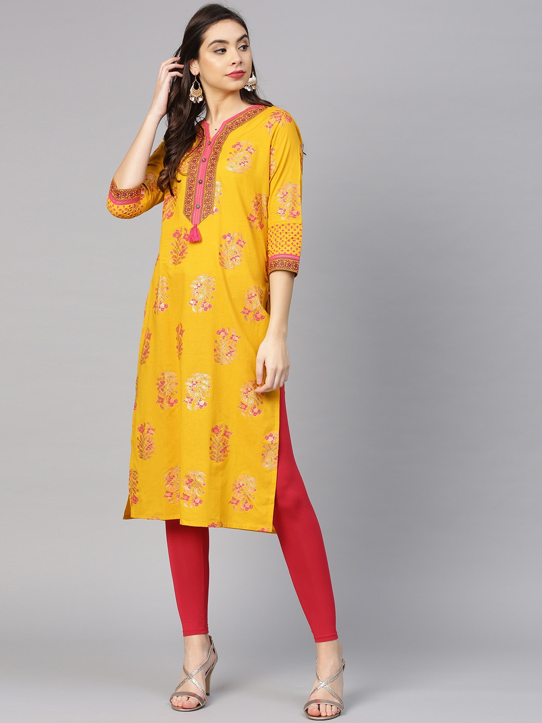 

Varanga Women Yellow & Pink Screen Print Straight Kurta