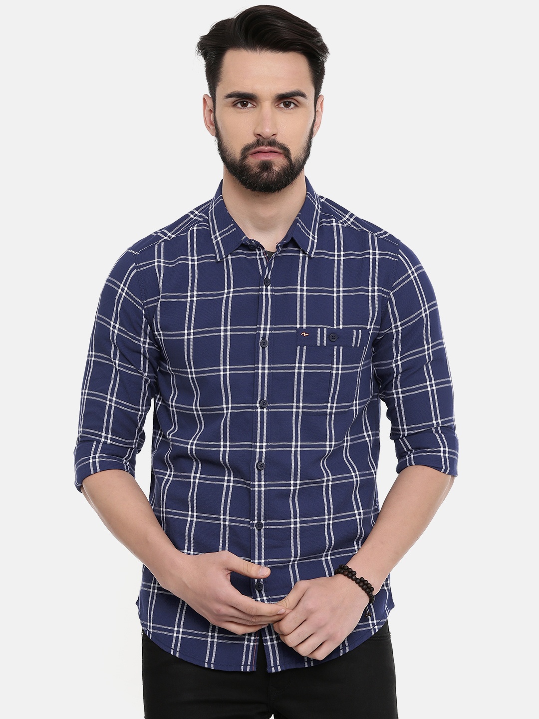 

SPYKAR Men Navy Blue & White Regular Fit Checked Casual Shirt