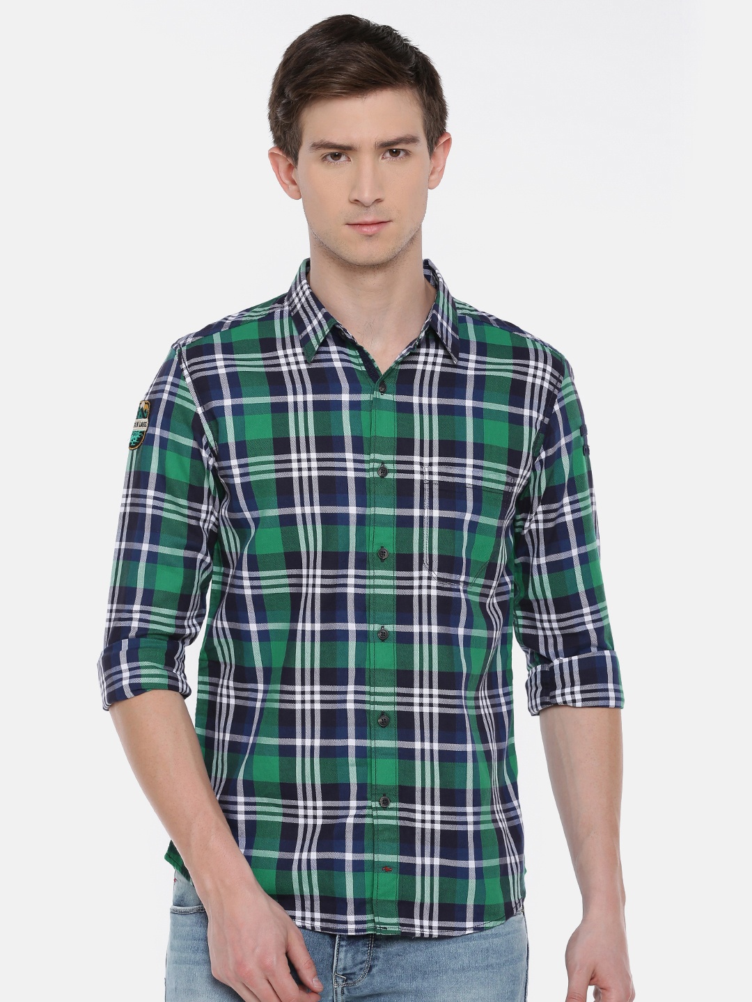 

SPYKAR Men Green & Navy Blue Regular Fit Checked Casual Shirt